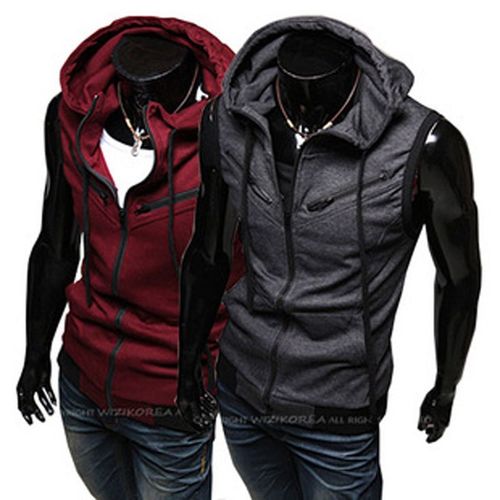 Slim-fit knitted vest, sleeveless hooded sweatshirt for men, student-style zip-up hoodie with a shoulder-cut design—perfect for summer.