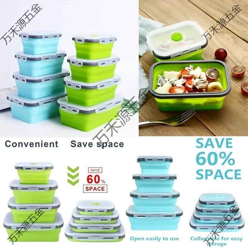 Caixa de almuerzo de silicona en stock, microondas plegables, caja de almuerzo de silicona, caja de almacenamiento de refrigerador, caja de preservación, tazón de silicona