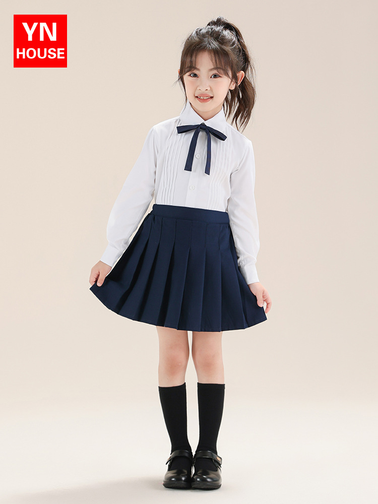 Traje de camisa blanca de manga larga para niñas Camisa blanca Traje de falda plisada de estilo universitario Traje de jardín de infantes para estudiantes de primaria