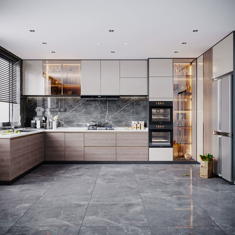 Встроенные кухонные шкафы для всего дома с столешницами из кварцевого камня для современных простых маленьких квартир