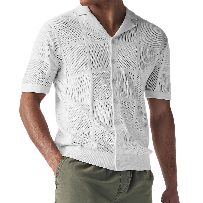 2025 Sommer Neue Strickjacke Dünne Hohl Polo Kragen Kurzarm Top Herrenbekleidung_voghion.com