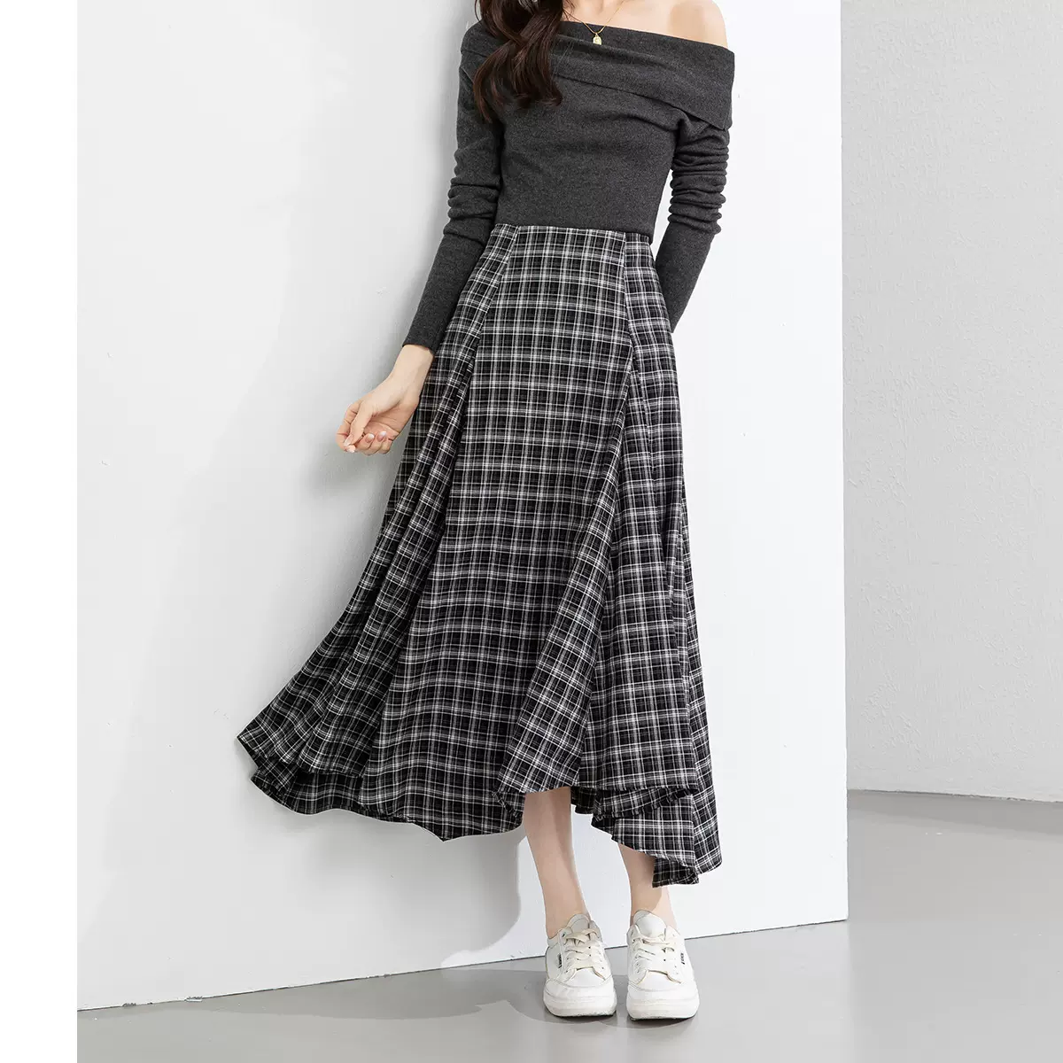 鑫阁 不规则剪裁鱼尾设计高腰A字大摆半身裙春季韩系少女格子长裙