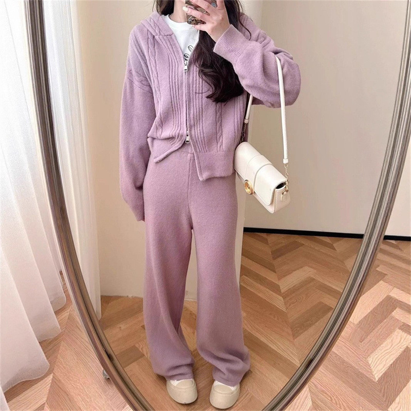 秋冬款时尚新品休闲连帽针织拉链开衫毛衣阔腿裤套装女宽松慵懒风|undefined