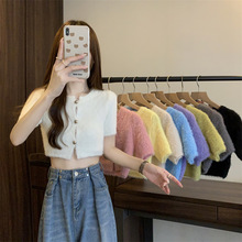 韩版甜辣风圆领短款短袖针织衫女2024新款夏季薄款气质开衫上衣