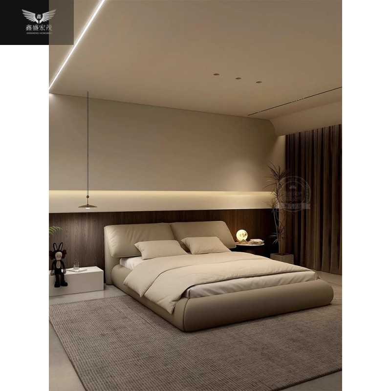 Luz lujosa cama doble moderna y simple, atmósfera italiana de alta gama, cama de matrimonio minimalista, cama queen, cama de cuero de orejas de elefante, dormitorio principal.