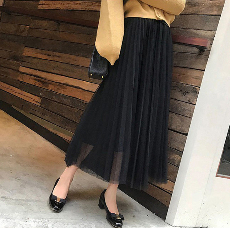 Mesh Skirt 2023 Four Seasons ins High Waist Slimming Simple Korean Style Mid-length Fairy A- line Large Swing Skirt