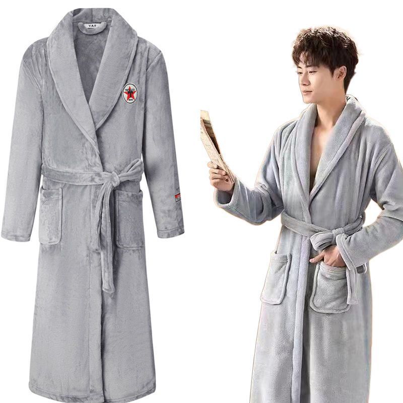 Men's Nightgown New Style Flannel All-In-One 30 to 50 Years Old Long Double-Sided Velvet Cold-Proof Knee-Length Bathrobe Pajamas