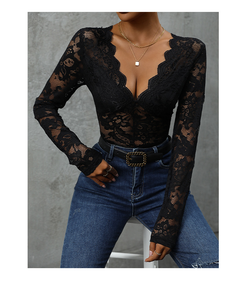 Body intero con scollo a V sexy e popolare in pizzo_voghion.com