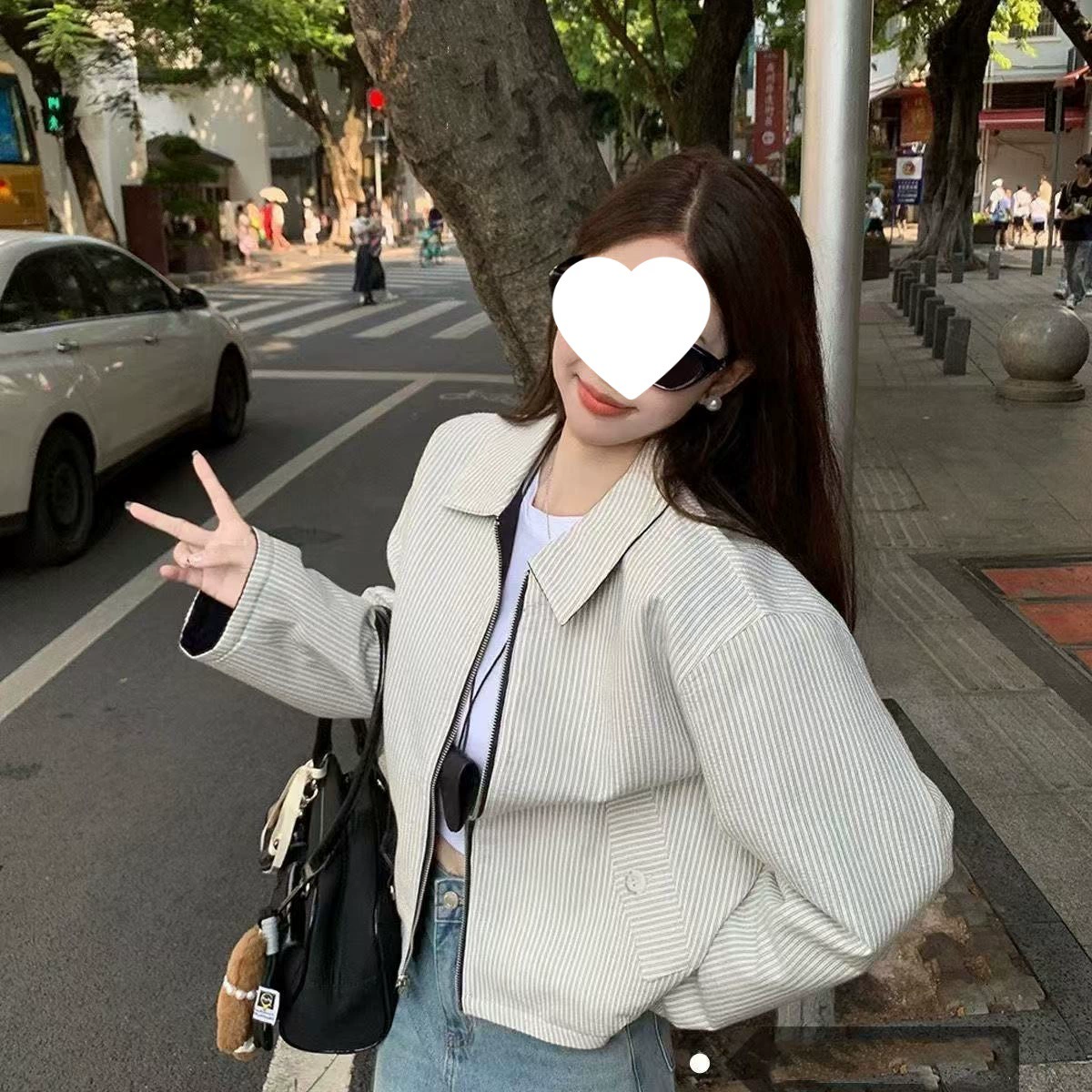 新款条纹翻领双面穿夹克外套2025春秋季复古设计宽松休闲百搭上衣