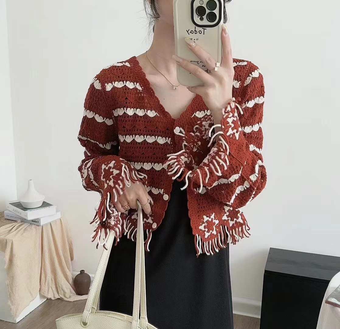 2024 principios de otoño nuevo estilo contraste color hueco rayas borla suéter cardigan mujer delgada chaqueta de punto corto image 6
