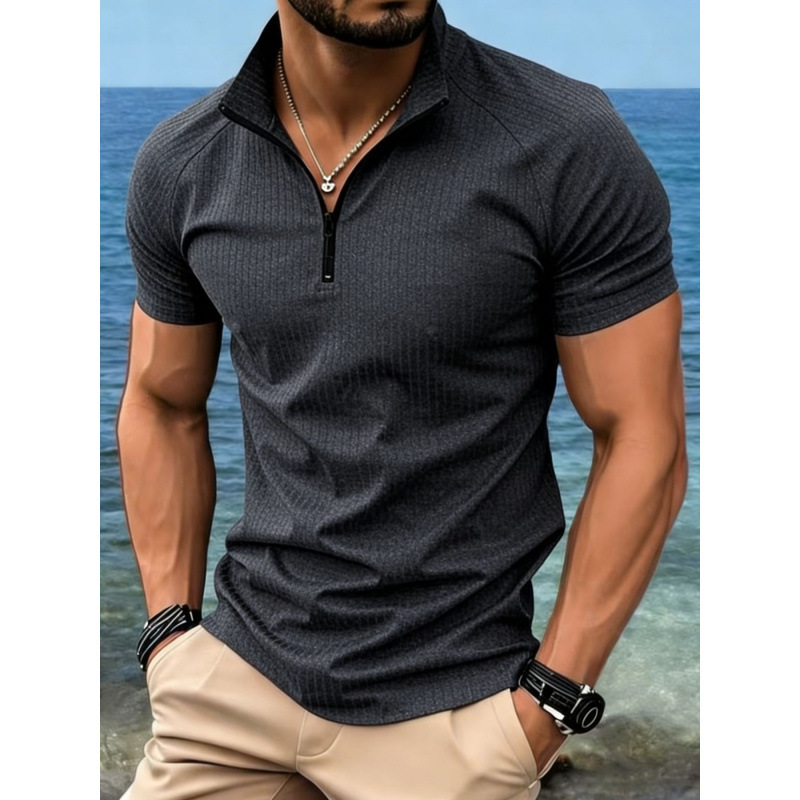 European Size Cross-Border Men's Summer High-Neck Fitness Quick-Dry Half-Zip Solid Color Stand-Up Collar Vertical Stripe Jacquard Material T-Shirt