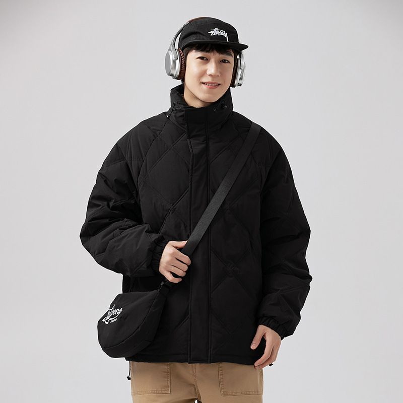 Winter Trendy Brand Lingge Vertical Collar Tooling White Duck Down Jacket Men's Warm Satchel 90 White Duck Down Couple Thick Jacket