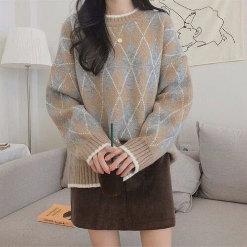 6161 #winter new style diamond-plaid knitted base shirt, long-sleeved wool clothes, female students 'warm sweater