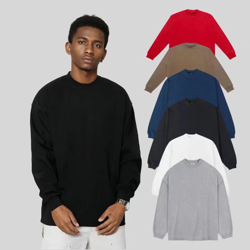 350g marca de moda pesada pequeña camiseta de manga larga de color sólido cuello alto suelto camiseta de base europea y americana de tamaño grande