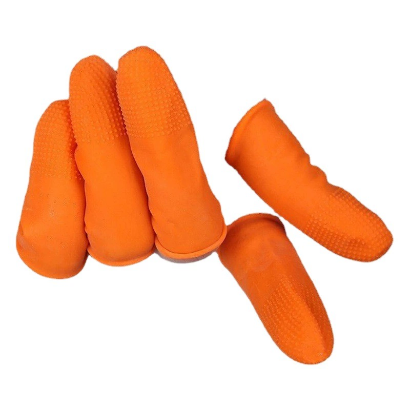 Одноразовые латексные напальчники от производителя, оптом, утолщенные, из резины, оранжево-белые, с антиножевым и антискользящим покрытием, с вышитым рисунком.