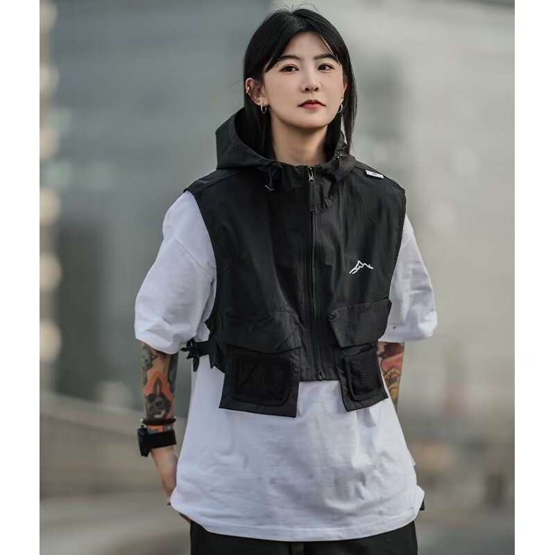 Cityboy retro workwear tactical functional style pocket hooded shoulder short zip-up vest jacket