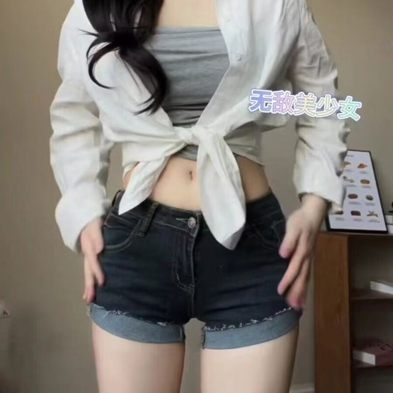 American retro style low-waisted tight-fitting plus-size hip-hugging slimming frayed denim shorts for women, 2026 summer new cotton model