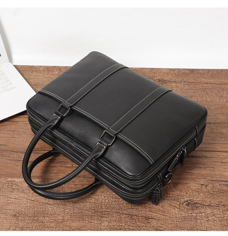 Cặp công sở da bò lớp đầu khóa kéo đôi, túi xách tay nam đựng laptop 14 inch dung lượng lớn, có dây đeo vai 38×11×28 cm — đen chi tiết 7