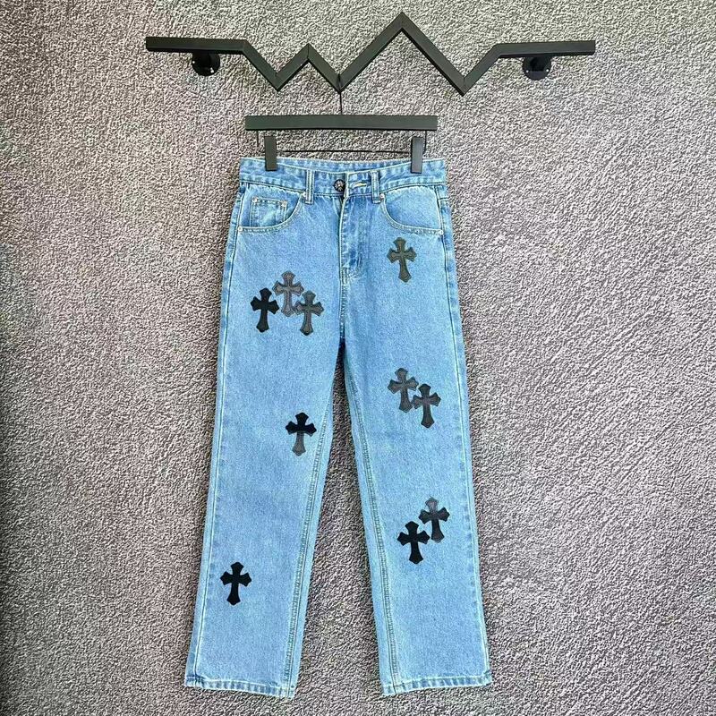 25Chrome Hearts Ch American Trendy Brand Cross Sanskrit Leather Men's and Women's Jeans