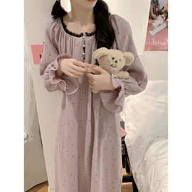 2025睡裙女士黑色圆点双层棉纱蕾丝领口睡衣家居服珍珠扣