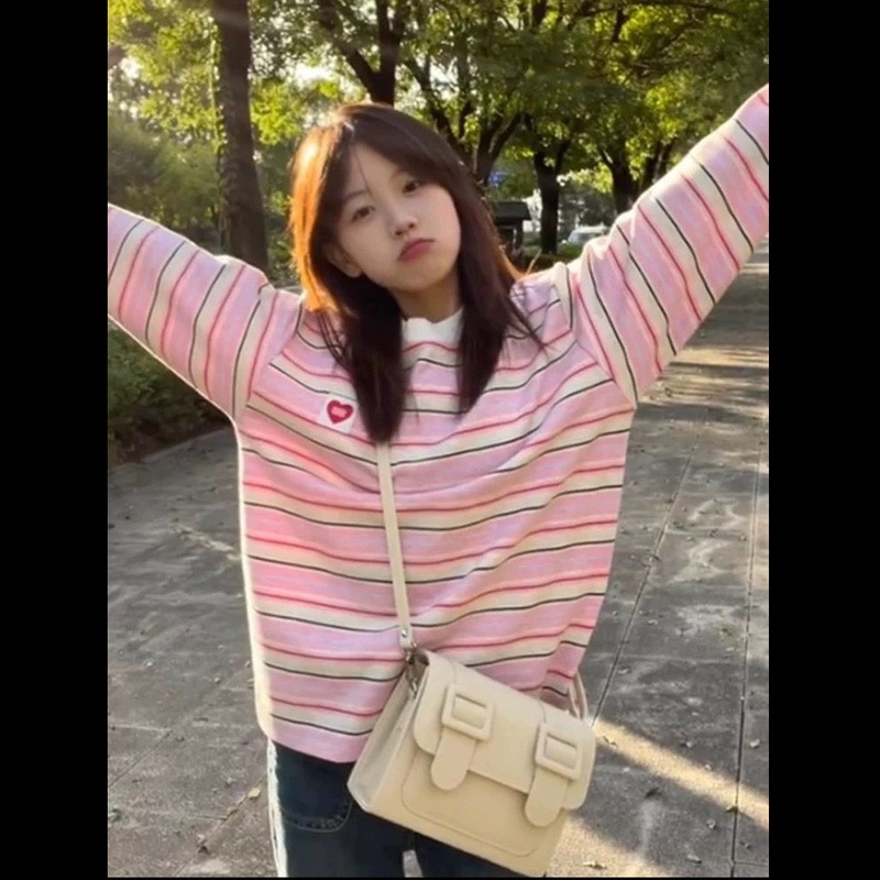 条纹设计感长袖宽松百搭情侣上衣慵懒风美式撞色休闲圆领打底衫潮|undefined