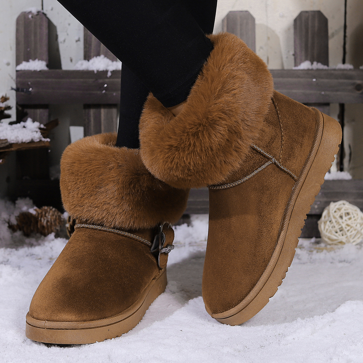 2023 de espesor talón plano de invierno de fondo plano forrado de lana de algodón acolchado noreste Comercio exterior botas de nieve transfronterizas para las mujeres