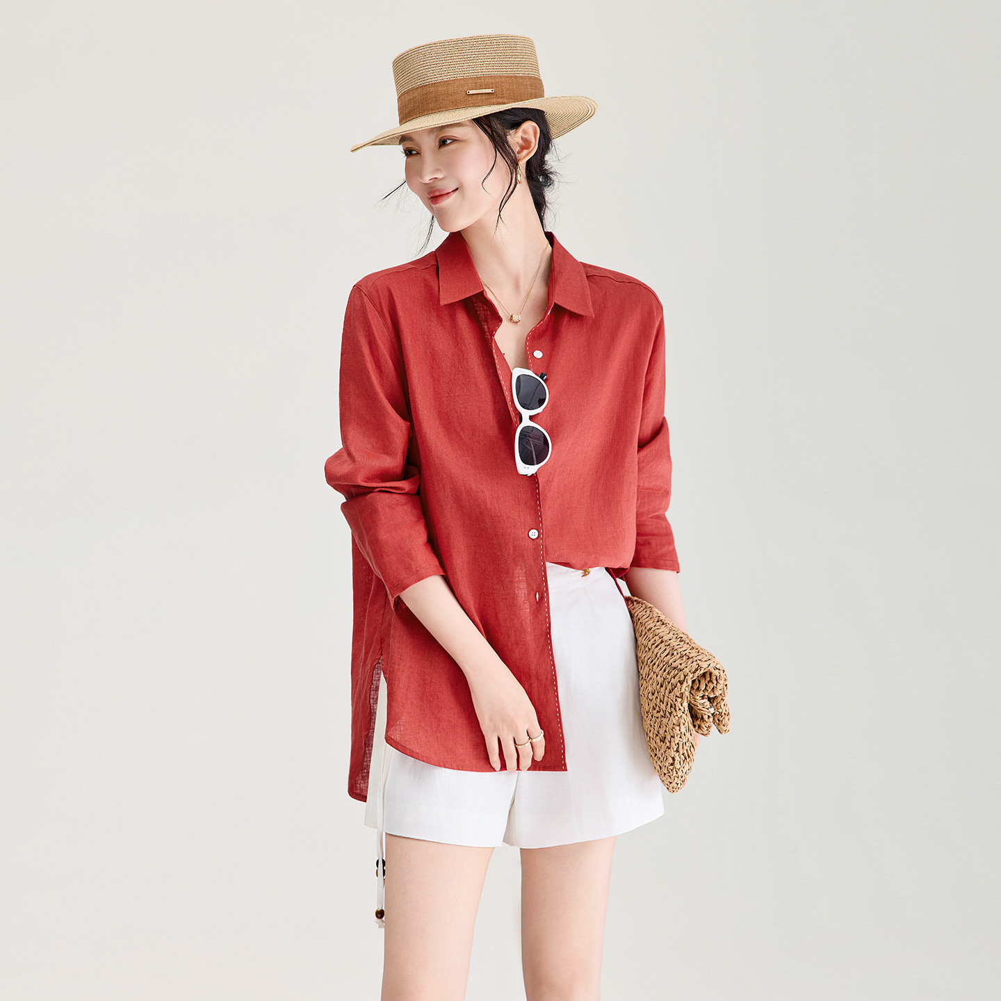 Áo sơ mi nữ linen chất lượng cao, phong cách cổ điển thư giãn, dáng rộng mùa hè — Đỏ Vermilion