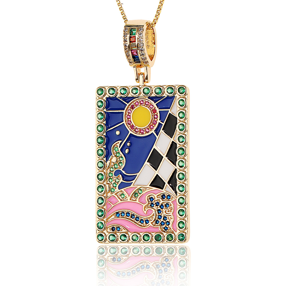 Nouveau Pendentif Huile Goutte À Goutte Émail Géométrique Peint Carte De Tarot Collier En Cuivre display picture 5