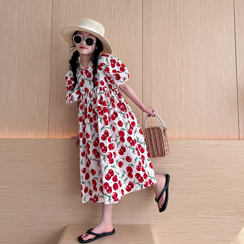 QZ8104 Summer New Korean Style Girls' Skirt for Children and Children Girls' dress Lantern Sleeve Cherry A- line Long Skirt