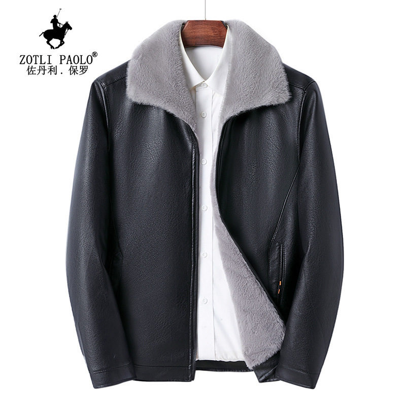 New 2023 autumn simple men's leather coat mid-length loose lapel casual PU leather coat fur collar-016