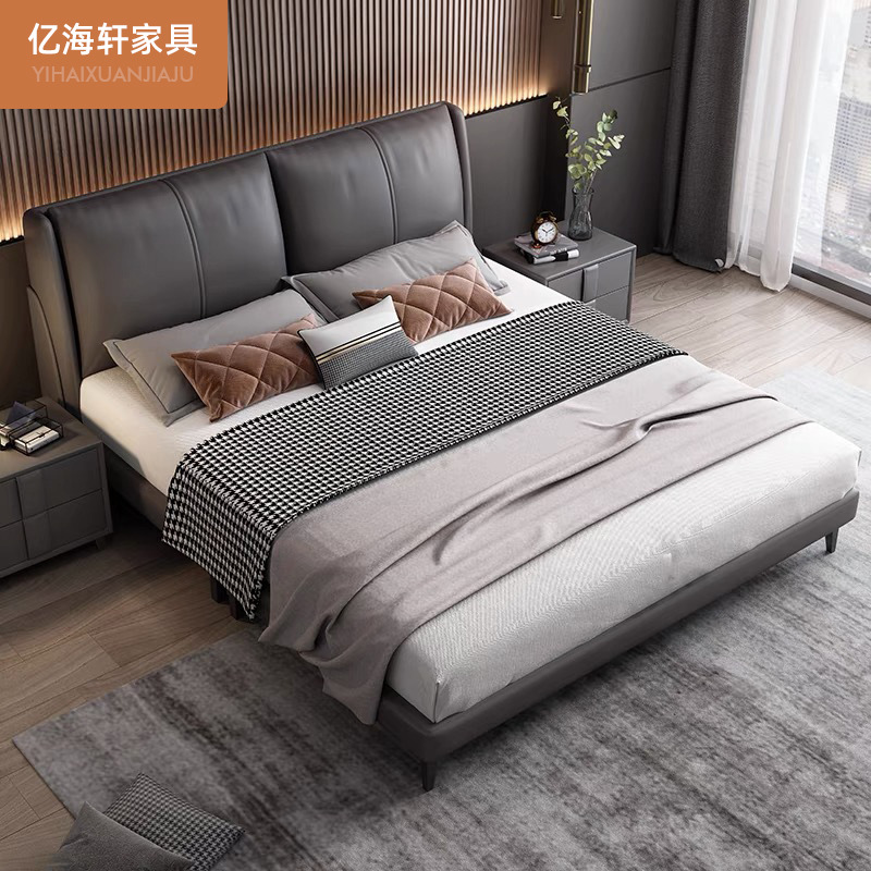 Italiano minimalista cama de cuero genuino moderno minimalista de lujo ligero bolsa suave cama doble dormitorio cama de boda cama de 2 m de alta gama dormitorio principal cama