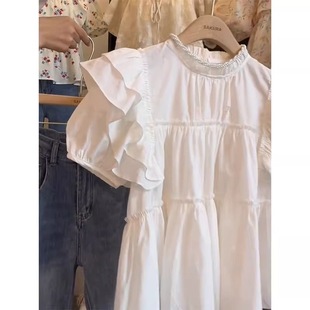 White Puff Sleeve Shirt for Women in Summer, Chic and Beautiful French Ruffle Top, High-End and Good-Looking