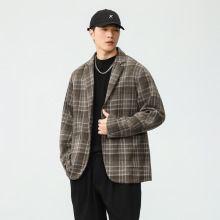 美式复古格纹休闲西装男春秋款宽松毛呢外套秋季潮牌古着西服批发
