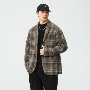 American Retro Plaid Casual Suit Men's Spring and Autum Loose Woolen Outwear Autum Trendy Brand Vintage Suit Wholesale