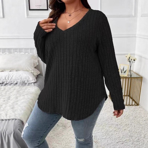 2025 Amazon Independent Store European and American Autumn/Winter New Solid Color Plus Size V-Neck Long-Sleeve Plaid Velvety T-Shirt for Women