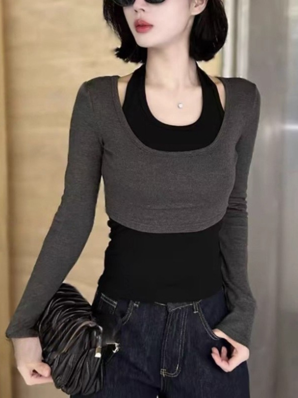 拼接假两件挂脖长袖T恤女2025秋季新款露锁骨设计感小众显瘦上衣|undefined