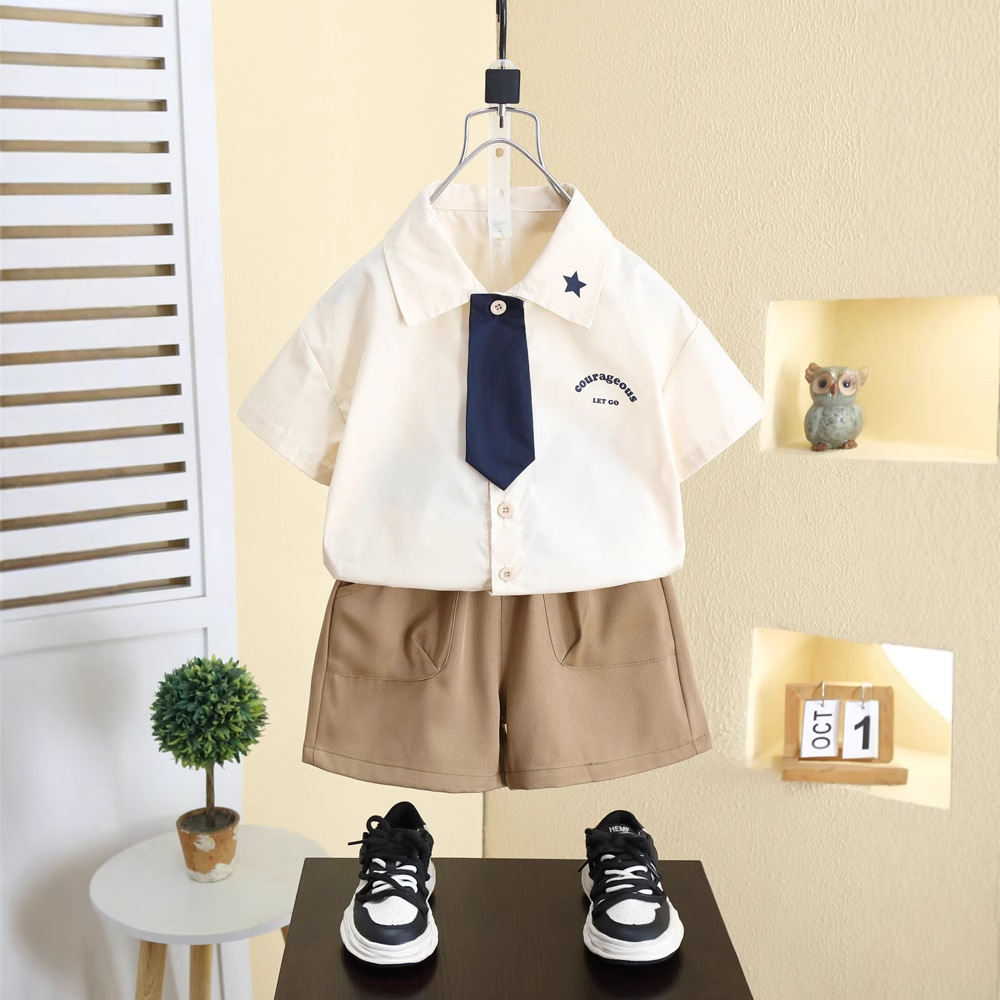 8173 Traje de camisa para niños Verano para niños Manga corta 2025 Nuevo estilo estilo universitario Ropa de verano delgada para bebés