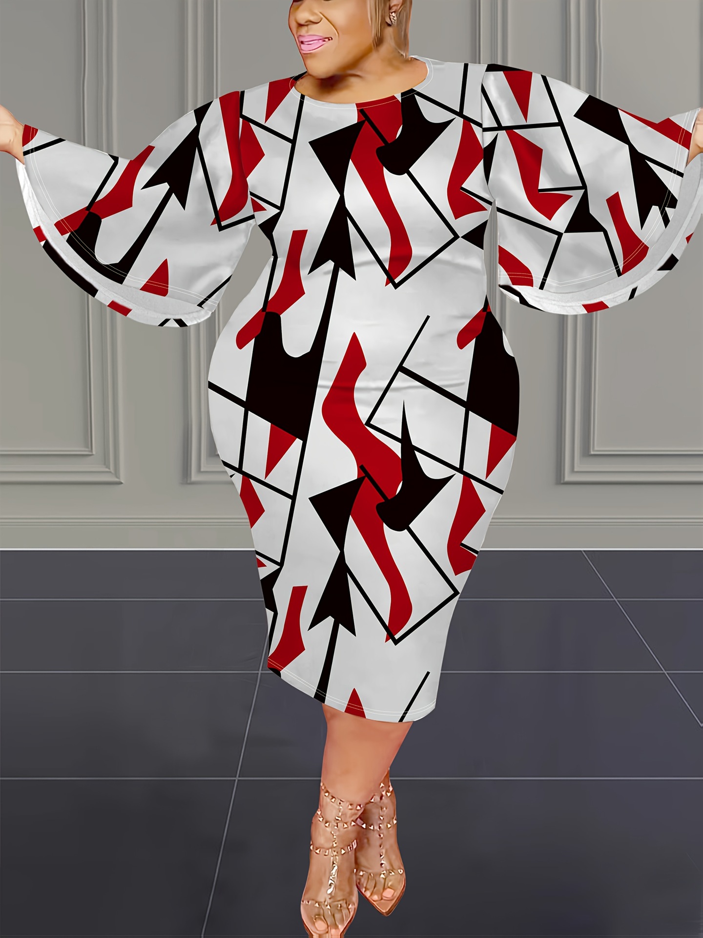 Flowy Bell Sleeve Midi Dress With All-Over Print, Plus Size A-Line Dress For Women, Elegant Casual Milk Touch Fabric Dress For Spring Autumn_ecoleips.com