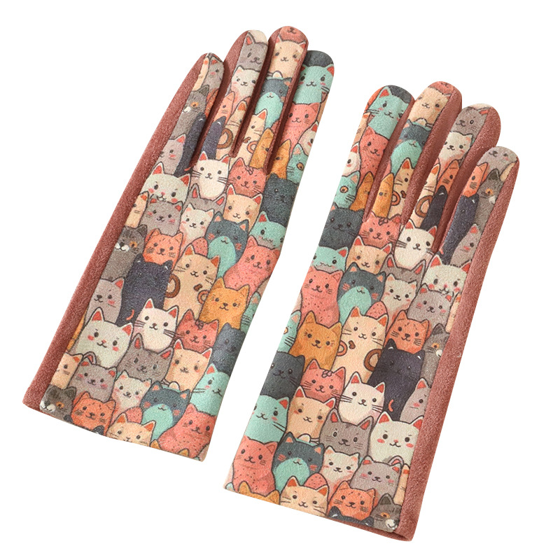 Gato lindo 3D pintura al óleo guantes de seda estilo japonés mujer invierno grueso guantes de calor al por mayor