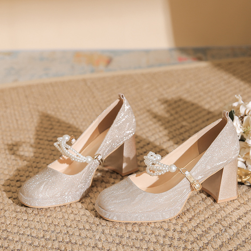 2026 Autumn New Waterproof Platform High Heels 2024 New Chunky Heel Pearl Bridal Shoes Wedding Shoes Mary Janes