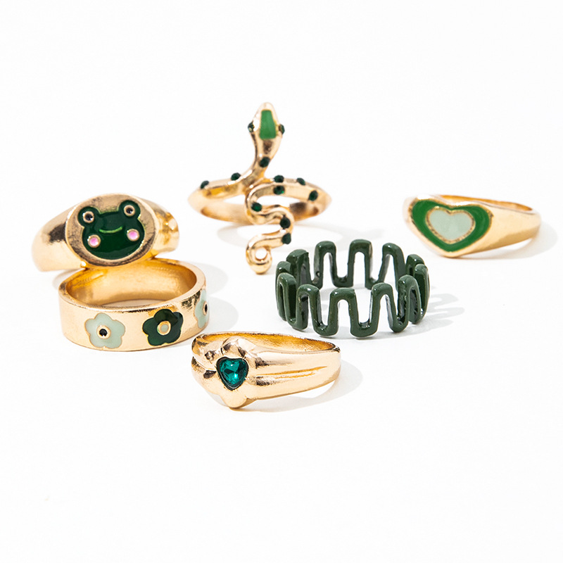 Fashion Cute Green Small Flower Snake-shaped Heart Drop Oil 6-piece Ring display picture 6