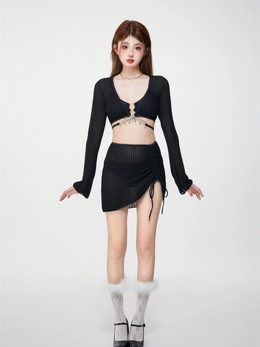 Women's swimsuit summer new pure lust style bikini long-sleeved blouse hip-covering skirt sweet straps vacation swimwear hot spring