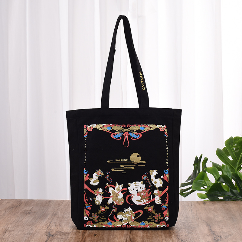 黑色时尚手提帆布袋飞天揽月国风卡通收纳袋手提单肩购物袋定 制