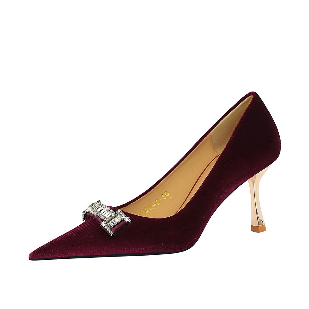 1818-K80 Banquet Women's Heels Xishi Velvet Shallow Mouth Pointed Toe Rhinestone Buckle Metal Decoration High Heel_vogvips.com