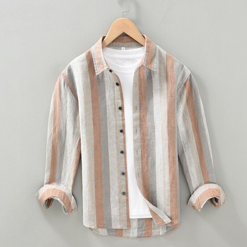 Yarn-Dyed Striped Long-Sleeved Spring and Summer Men's Shirts, Summer Casual Breathable Thin Contrasting Color Loose Shirts Yarn-Dyed Striped Long-Sleeved Spring and Summer Men's Shirts, Summer Casual Breathable Thin Contrasting Color Loose Shirts