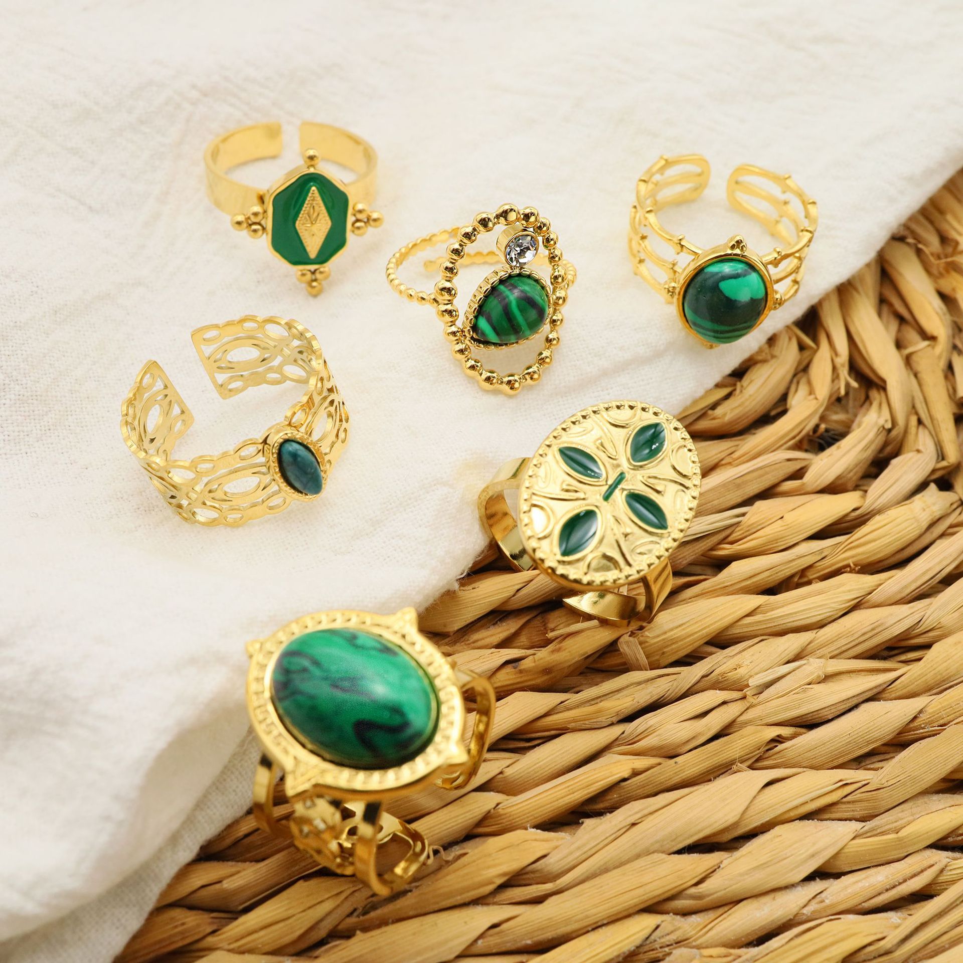 Bague vert paon incolore pour femmes, ouverture à la mode, pierre naturelle réglable, huile émeraude, goutte d'huile, bague à main_voghion.com