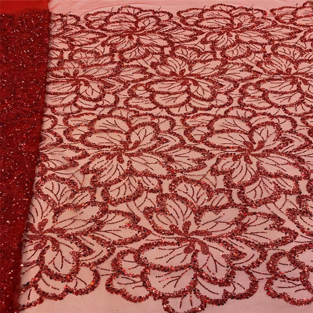 大牌亮片珠管绣面料 蕾丝网纱婚纱礼服绣花布料 时装旗袍网布面料