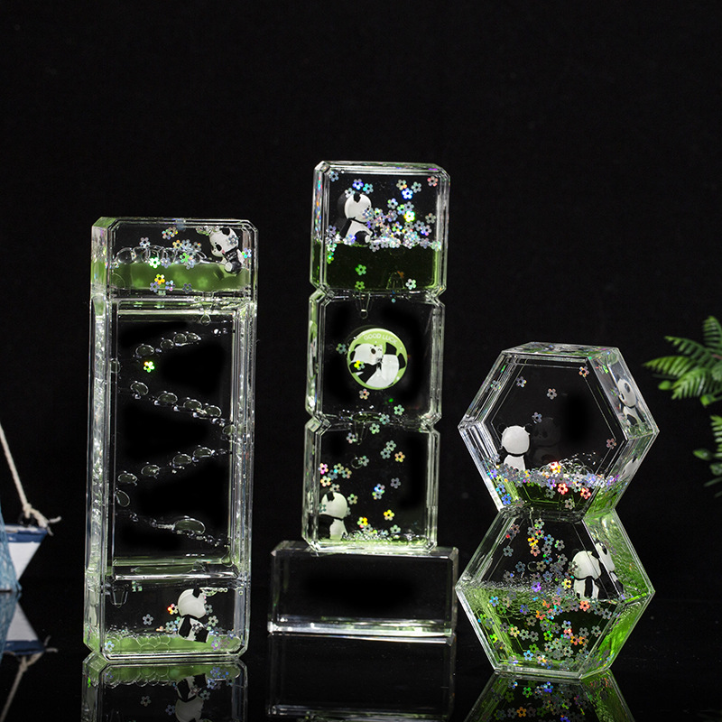 Acrílico transparente panda gota de aceite reloj de arena líquido botella de arena flotante regalo de cumpleaños para niños decoración de escritorio de oficina