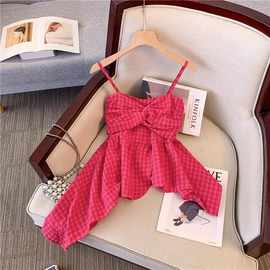 无肩带上衣扭结季玫红色04新款202格子裙摆背心女夏不规则