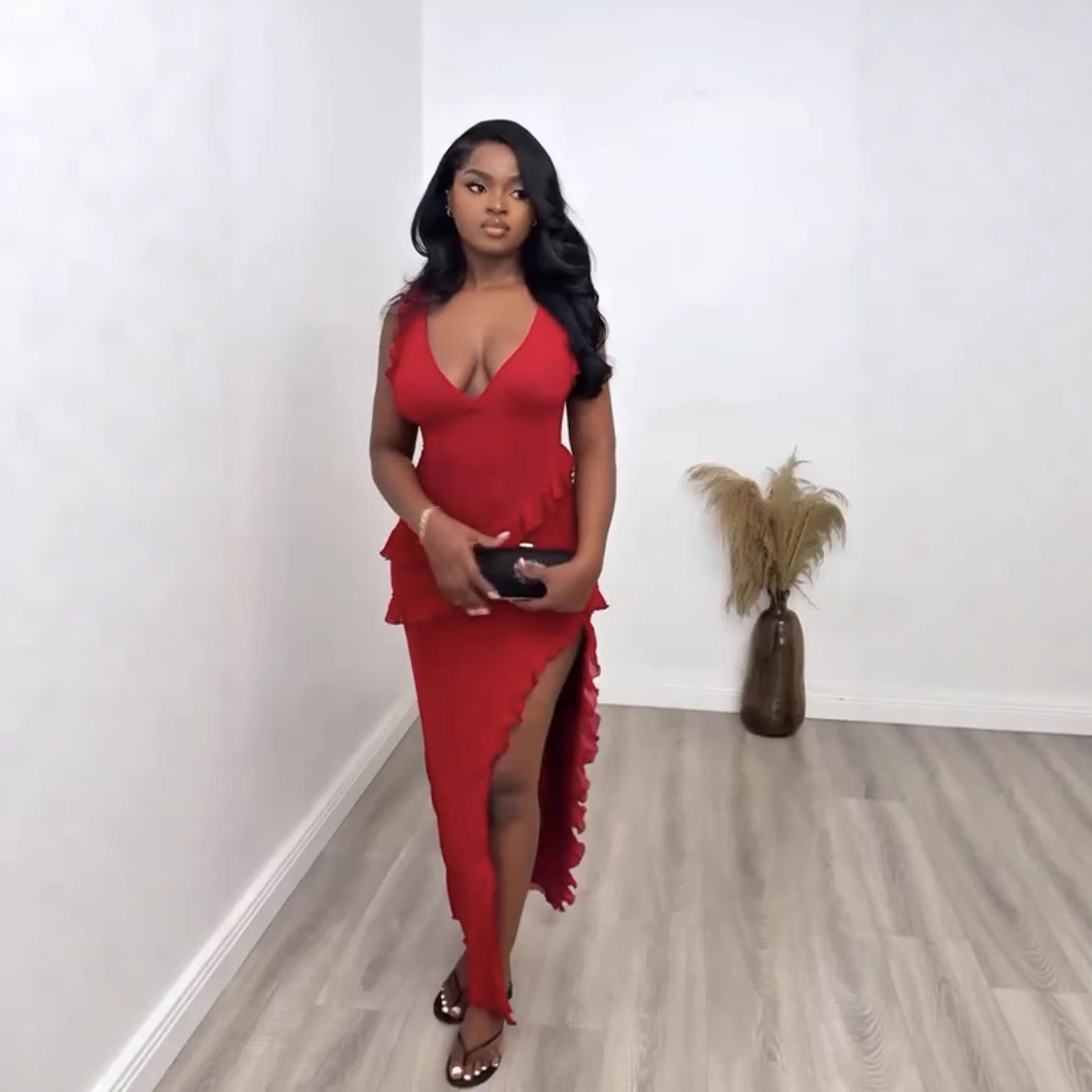 Sexy Ruffled Patchwork Dress Style Backless Slit Solid Color Fashion Elegant Women's Clothing_ecoleips.com